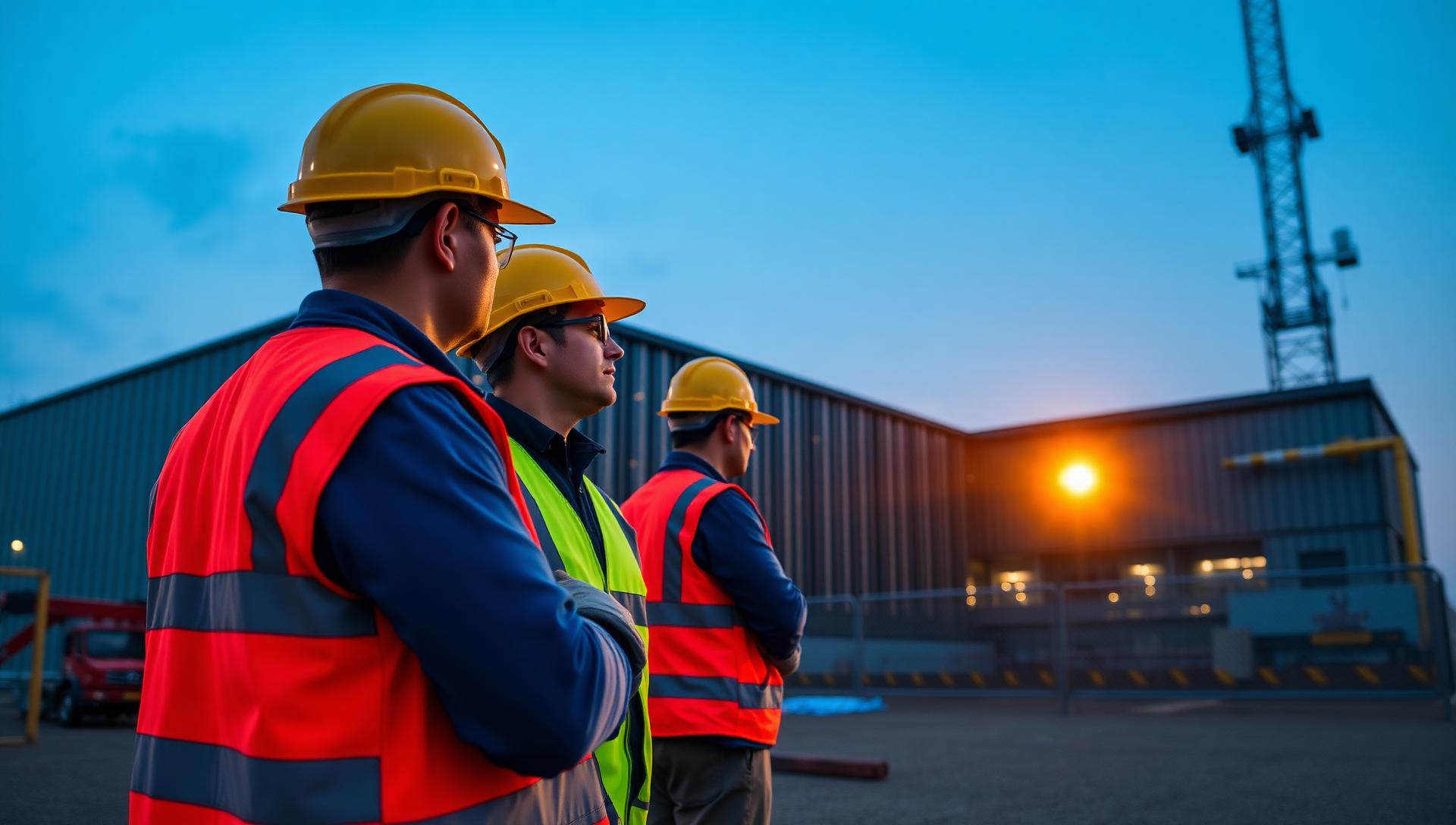 Construction workers on a UK building site at dusk